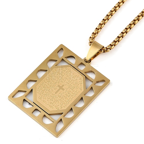 304 Stainless Steel Hollow Rectangle with Cross Pendant Box Chain Necklaces NJEW-D089-06G-1