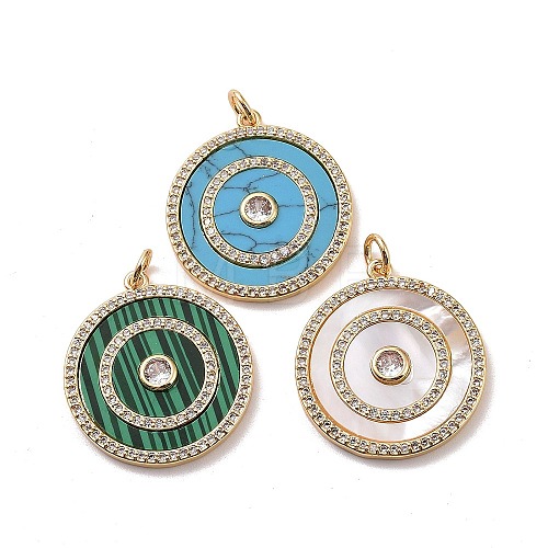 Flat Round Brass Micro Pave Cubic Zirconia Pendants KK-G406-19G-1