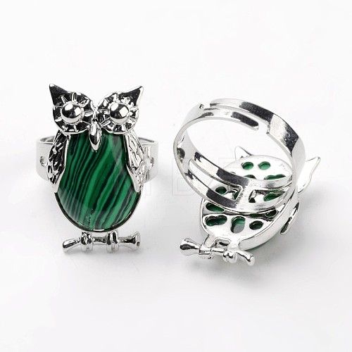 Owl Brass Synthetical Malachite Finger Rings RJEW-L074-10-1