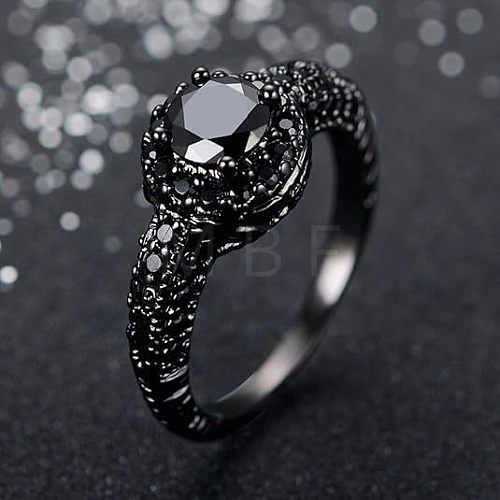 Flat Round Brass Jet Rhinestone Finger Rings FS-WG232E0-05-1