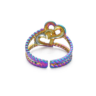 Rainbow Color 304 Stainless Steel Interlocking Heart Cuff Ring RJEW-N038-043M-1