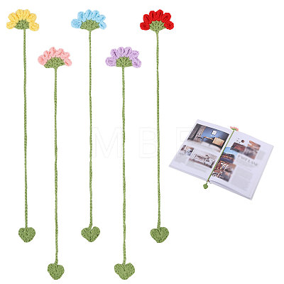 5Pcs 5 Colors Wool Crochet Flower & Heart Hanging Bookmarks AJEW-GL0003-55-1