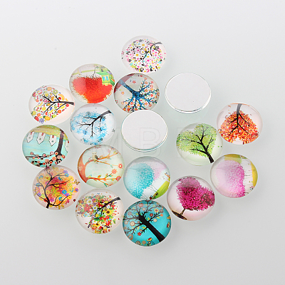 Tree of Life Printed Half Round/Dome Glass Cabochons GGLA-A002-14mm-GG-1