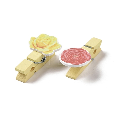 Flower Theme Wooden & Iron Clothes Pins AJEW-H137-07-1