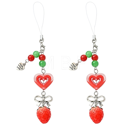 2Pcs Acrylic Heart & Resin Strawberry & Alloy Bowknot & Glass Bead Mobile Straps HJEW-YW00323-1