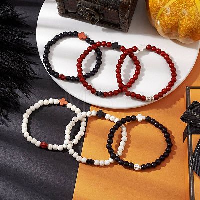 Halloween Skull & Cross Dyed Synthetic Turquoise 6mm Round Beaded Stretch Bracelets BJEW-JB10889-1