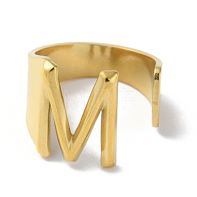 Real 18K Gold Plated 304 Stainless Steel Initial Letter Open Cuff Ring RJEW-H215-09G-01-1
