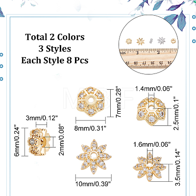24Pcs 6 Styles Brass Clear Cubic Zirconia Spacer Beads KK-CA0003-63-1