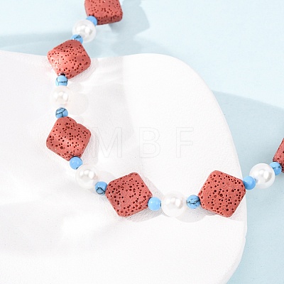 Dyed Natural Lava Rock & Round Synthetic Turquoise & Imitation Pearl Beaded Necklaces GG-CBA922D-07C-1