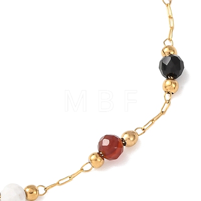 Natural Agate & Howlite & Synthetic Goldstone Faceted Round Bead 304 Stainless Steel Cable Chain Anklets for Women AJEW-G072-01G-1