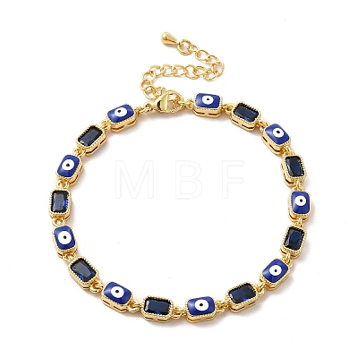 Enamel Evil Eye & Cubic Zirconia Rectangle Link Chain Bracelet BJEW-C029-02G-11-1