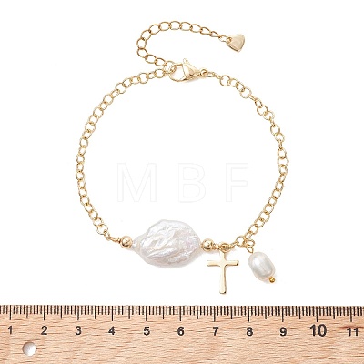 201 Stainless Steel & Natural Cultured Freshwater Pearl Charm Bracelets BJEW-JB13659-1