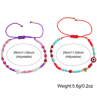 2Pcs 2 Styles Round Glass & Lampwork & Imitation Pearl & Synthetic Turquoise & Natural Shell & Seed Beads Braided Bead Bracelets VE0130-4-1