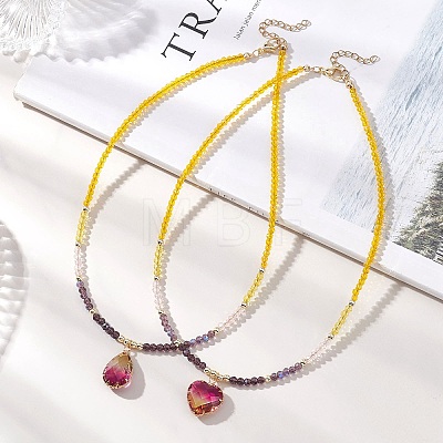 2Pcs 2 Styles Violet K9 Glass Teardrop Heart Pendant Colorful Electroplated Glass Faceted Rondelle Beaded Necklaces NJEW-JN05753-1