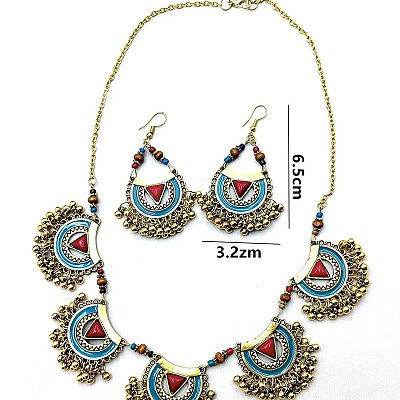 Bohemian Alloy Enamel & Wood Bead & Glass & Resin Tassel Pendant Necklaces & Dangle Earrings Sets FS-WG7EA3D-01-1