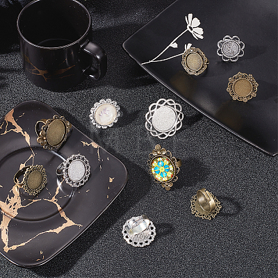  32Pcs 8 Style Vintage Adjustable Iron Flower Finger Ring Components with Alloy Cabochon Bezel Settings DIY-NB0008-14-1