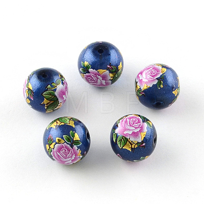 Rose Flower Pattern Printed Round Glass Beads GFB-R005-12mm-B01-1