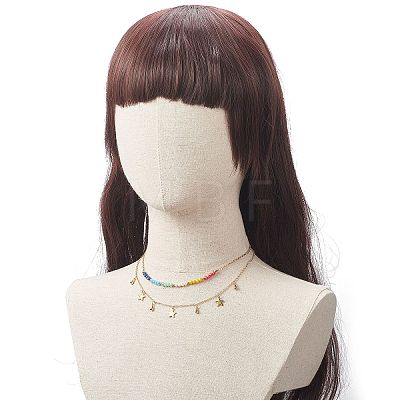 Brass Star Charms Double Layer Necklace with Colorful Glass Beaded for Women NJEW-TA00050-1