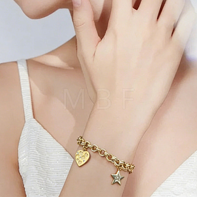 304 Stainless Steel Heart Star Charm Double Ring Link Chain Bracelets for Women with OT Clasps WG665C4-01-1