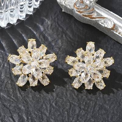 Double Layer Flower Brass & Clear Marquise Cut Cubic Zirconia Stud Earrings KK-CBA36A2-05G-1