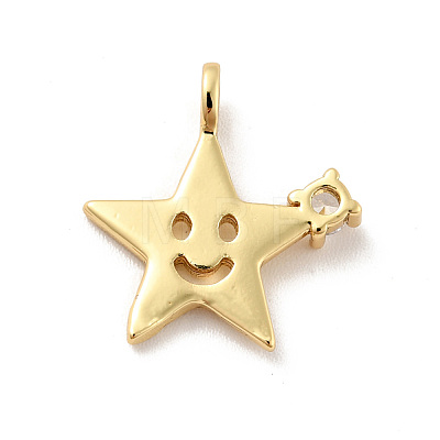 Star with Smiling Face Brass Micro Pave Clear Cubic Zirconia Pendants KK-G425-09G-1