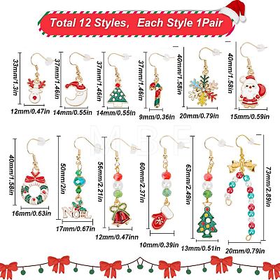 12 Pairs 12 Style Christmas Theme Alloy Dangle Earrings EJEW-SC0001-33-1