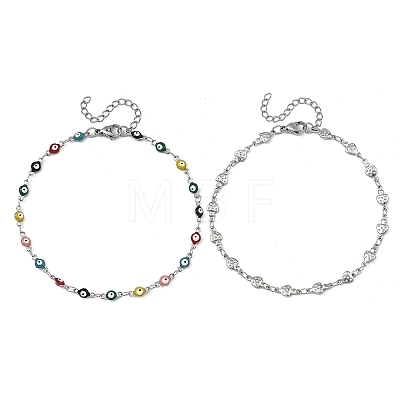 2Pcs 2 Styles 304 Stainless Steel Enamel Colorful Evil Eye Link Chain Anklets AJEW-AN00807-1
