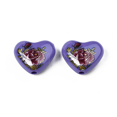 Flower Printed Opaque Acrylic Heart Beads SACR-S305-28-M03-1