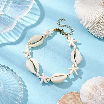 Synthetic Turquoise & Magnesite & Natural Cowrie Shell Beaded Bracelets BJEW-JB10691-1