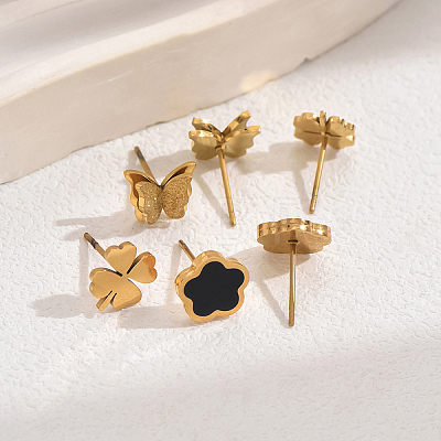 3 Pairs Fashionable Butterfly & Flower & Clover Stainless Steel Stud Earring Sets JY4608-1