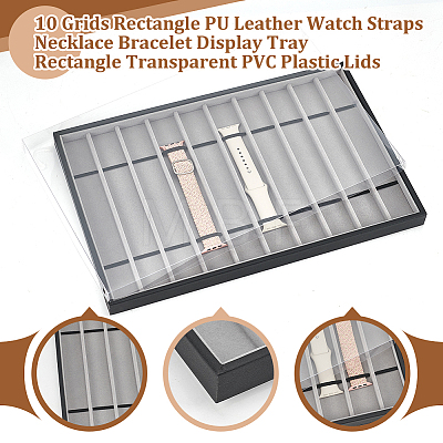  10 Grids Rectangle PU Leather Watch Straps Necklace Bracelet Display Tray ODIS-NB0001-38A-1