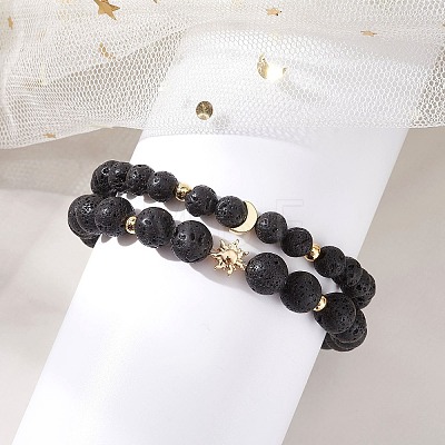 2Pcs Natural Lava Rock Round Beads Stretch Bracelets for Women Men BJEW-JB13054-1