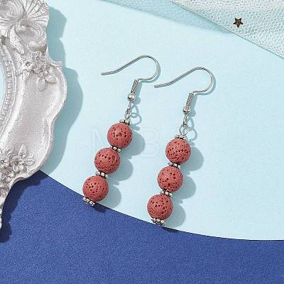 Dyed Nature Lava Rock Round Beaded Dangle Earrings for Women EJEW-JE05636-01-1