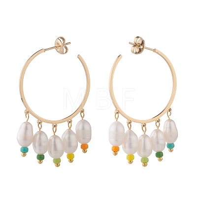 Ring with Natural Pearl Dangle Stud Earrings EJEW-TA00053-1