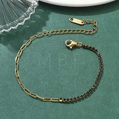 304 Stainless Steel Paperclip Chain & Rhinestone Cup Chains Bracelets for Women BJEW-D456-06G-02-1