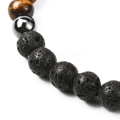 Natural Tiger Eye & Lava Rock & Synthetic Hematitie Beads Stretch Bracelet Set BJEW-JB07030-1