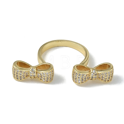 Rack Plating Brass Micro Pave Cubic Zirconia Bowknot Open Cuff Rings for Women RJEW-C088-03G-1