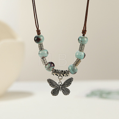 Ethnic Style Butterfly Alloy & Porcelain Beads Pendant Long Necklaces for Women FS-WG12891-12-1