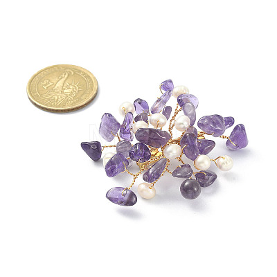 Natural Amethyst Chips & Pearl Beaded Flower Brooch Pin JEWB-BR00098-01-1