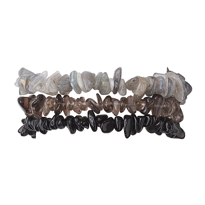 3Pcs Natural Smoky Quartz & Natural Obsidian & Natural Labradorite Chip Beaded Stretch Bracelet Sets BJEW-JB10860-1