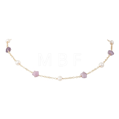 Natural Lepidolite Star & Natural Freshwater Pearl & Brass Link Chain Necklaces NJEW-JN05687-03-1