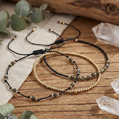 3Pcs 3 Styles Natural Golden Sheen Obsidian & Brass Round Beads Adjustable Bracelets & Brass Round Beads Stretch Braclets for Women TQ6408-3-1
