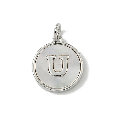 Brass Pave Natural Shell Flat Round with Letter Charms KK-Z115-13P-U-1