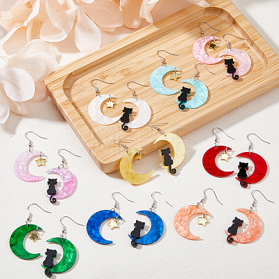 9 Sets 9 Colors Moon & Star & Cat Resin Asymmetrical Earrings EJEW-FI0002-35-1