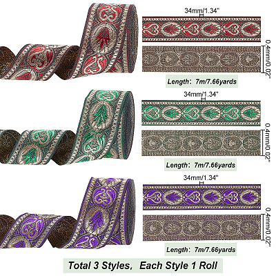   3Pcs 3 Colors Ethnic Style Embroidery Polyester Ribbons OCOR-PH0003-93-1