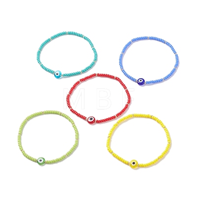 5Pcs 5 Colors MIYUKI Seed Beaded Stretch Bracelets Set with Evil Eye BJEW-TA00055-1