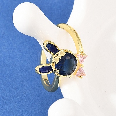 Bunny & Bowknot Brass Micro Pave Cubic Zirconia Cuff Rings for Women RJEW-A088-10G-03-1