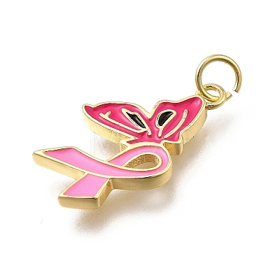 October Breast Cancer Pink Awareness Ribbon Brass Enamel Pendants LS-KK-G525-10G-03-1