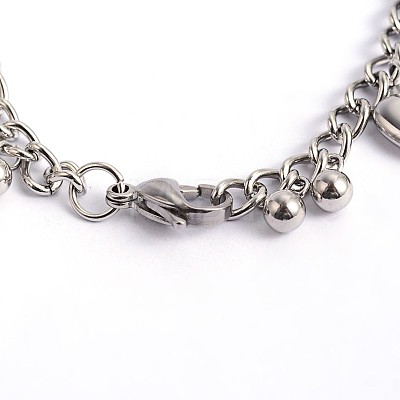 Heart & Flat Round 304 Stainless Steel Charm Bracelets BJEW-O108-15-1
