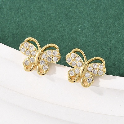 Brass Micro Pave Clear Cubic Zirconia Stud Earrings EJEW-F400-02C-G-1